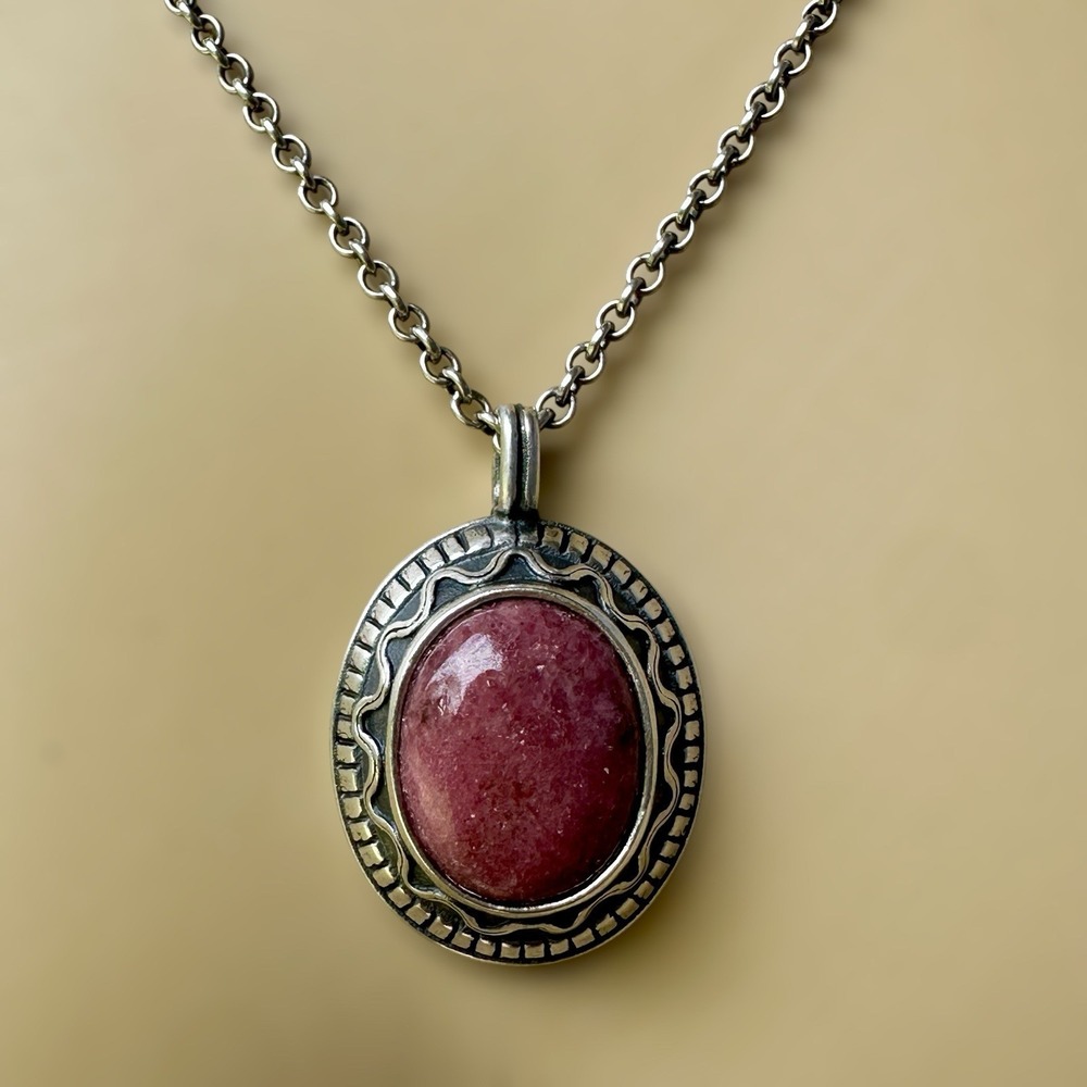 VTG Finland Artisan Pendant Necklace 24 Inch Pink Rhodochrosite Sterling 11.7g